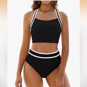 High Waisted Bikini Swimsuit Sporty Tummy Control Bathing Suit Color Block Swim